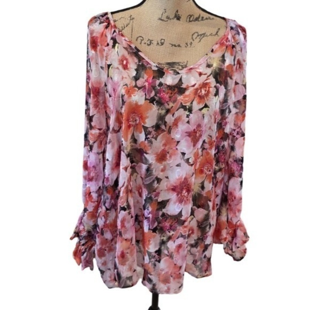 Stem & Vine Floral Pink Orange Long-Sleeve Lantern Women's Top Shirt Plus Sz‎ 2X